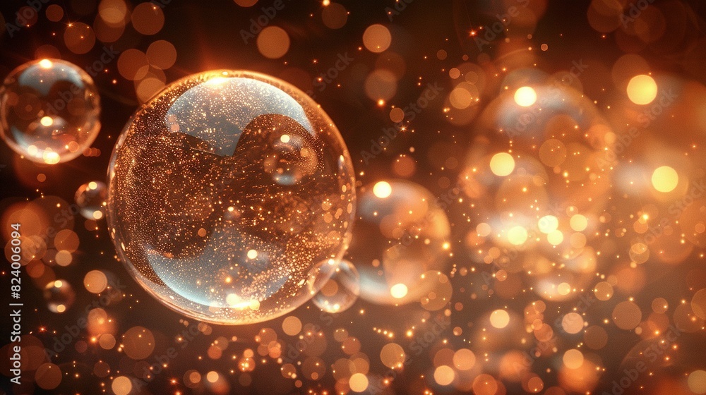 Poster glass ball on dark background, close-up view with bokeh effect and bubbles in the foreground