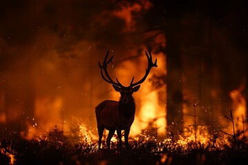 Deer in burning forest. Climate change and global warming. Natural disaster and wildfire concept. Design for banner, poster