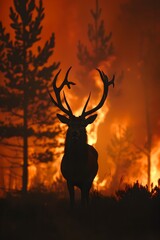 Deer in forest fire. Climate change and global warming. Natural disaster and wildfire concept. Design for banner, poster