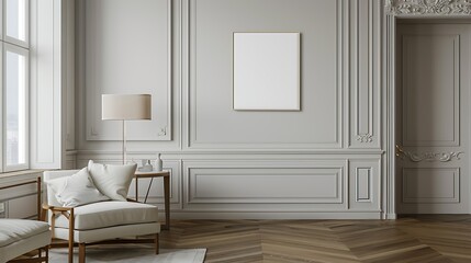 A mockup of a blank square photo frame hanging in the middle of wall with Traditional, classic, elegant decoration in Room Captured in the style of architectural photography.,