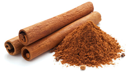Close-Up of Cinnamon Sticks and Ground Cinnamon on White Background