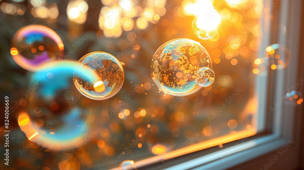 Poster soap bubbles float in front of a sunlit window