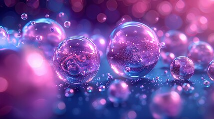   A cluster of soap bubbles gliding over a blue-pink backdrop with more bubbles resting atop them