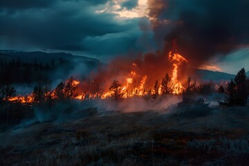 Fototapeta premium Forest fire with smoke at dusk. Climate change and global warming. Natural disaster and wildfire concept. Design for banner, poster