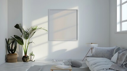 A mockup of a blank square photo frame hanging in the middle of wall with Contemporary, sleek, geometric decoration in Room Captured in the style of architectural photography.,