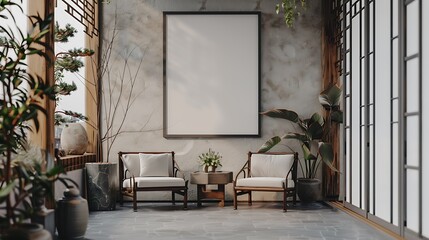 A mockup of a blank square photo frame hanging in the middle of wall with Asian, Zen, tranquil decoration in Room Captured in the style of architectural photography.,