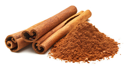 Close-Up of Cinnamon Sticks and Ground Cinnamon on White Background