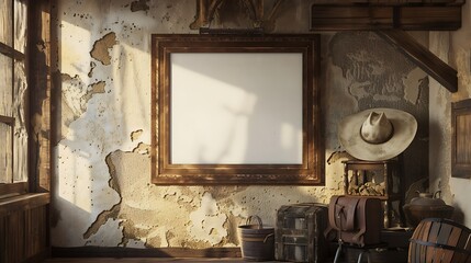 A mockup of a blank square photo frame hanging in the middle of wall with Western, cowboy, rustic decoration in Room Captured in the style of architectural photography.,