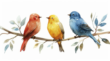 Whimsical watercolor birds on branch