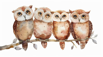 Colorful and cute watercolor owls perched on a branch with a white background