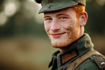 Obraz premium Portrait of a young. Happy and smiling male soldier with ginger hair. Wearing a military uniform. Beret. And camouflage. Exuding confidence and warmth. Showcasing patriotism and duty