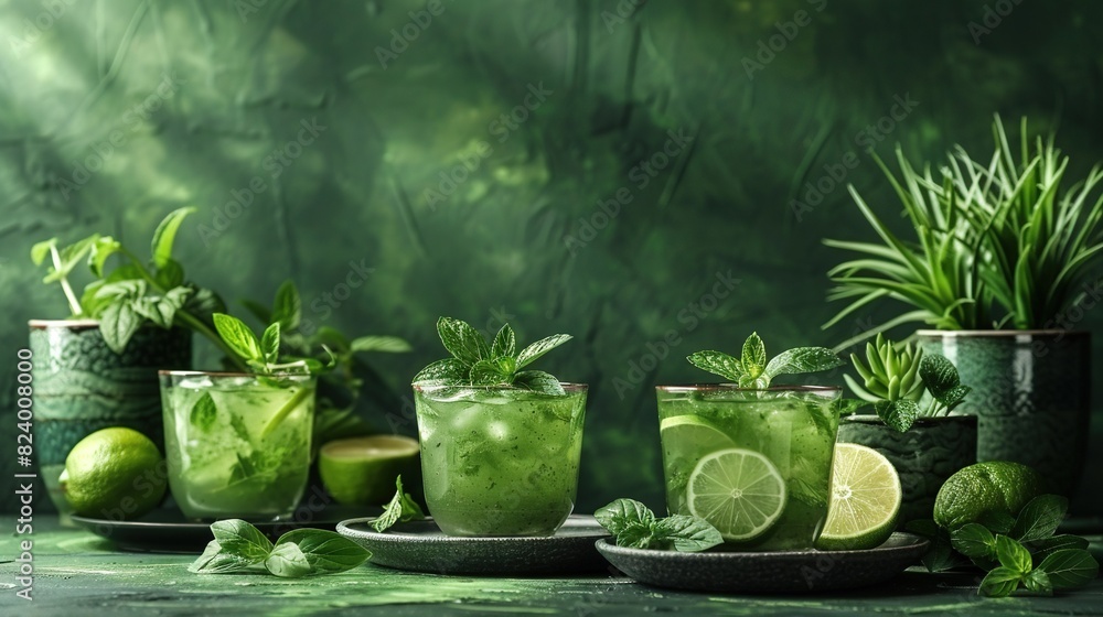 Poster an image showing a table with various green drinks in glasses and a plate of lemons and mints