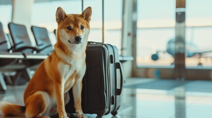 Shiba inu dog patiently waits by luggage at airport terminal, eager for upcoming flight