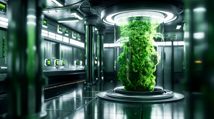 A sleek futuristic bioreactor filled with vibrant, Future factory uses advanced tech to produce high quality spirulina proteins and omega 3 oils