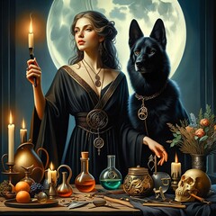 Hecate goddess of magic, the moon, animals, necromancy. Titan and goddess of Olympus with a black wolf. Hekate. Ancient Greek mythology. Demonic cult. Forbidden beliefs. Torch. Key. Generative AI.