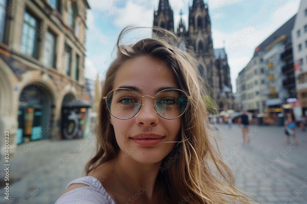 Poster selfie portrait. traveler girl in glasses in the street of cologne, germany