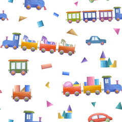Kid wooden toys. Multicolored cars, trains with horses and bricks. Building cubes made from eco friendly natural materials. Seamless pattern. Watercolor illustration isolated on white. Children decor