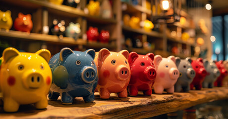 Obraz premium Row of piggy banks on wooden shelf, each unique design that reflects different savings goals