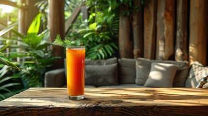   A glass of orange juice rests on a table in front of a cozy couch with plush pillows and a vibrant potted plant