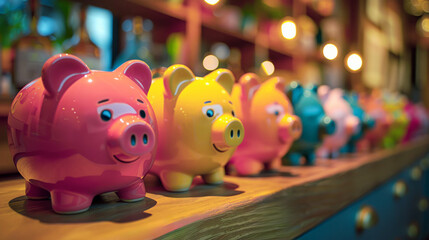 Obraz premium Row of piggy banks on wooden shelf, each unique design that reflects different savings goals