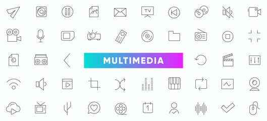 Multimedia, cinema and entertainment line icons set. Outline icon collection. Thin outline icons pack.