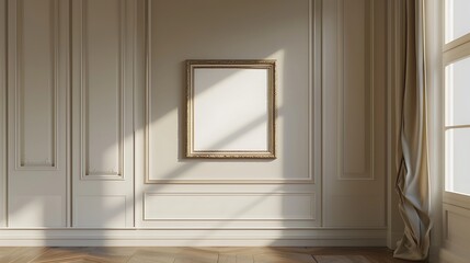 A mockup of a blank square photo frame hanging in the middle of wall with Shabby chic, romantic, distressed decoration in Room Captured in the style of architectural photography.,