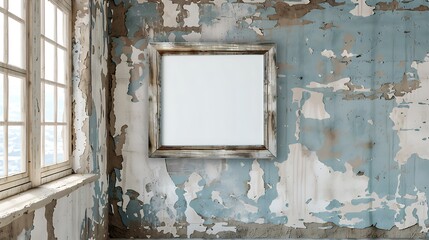 A mockup of a blank square photo frame hanging in the middle of wall with Shabby chic, romantic, distressed decoration in Room Captured in the style of architectural photography.,
