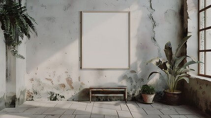 A mockup of a blank square photo frame hanging in the middle of wall with Shabby chic, romantic, distressed decoration in Room Captured in the style of architectural photography.,