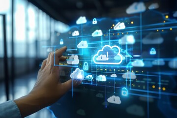 Hand interacting with a futuristic cloud interface displaying secure networks and data protection symbols, highlighting innovative cloud security technology