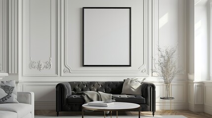 A mockup of a blank square photo frame hanging in the middle of wall with French country, provincial, charming decoration in Room Captured in the style of architectural photography.,