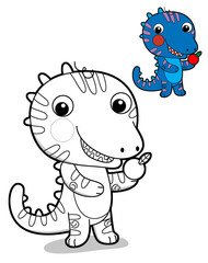 cartoon scene with happy funny dinosaur  dino lizard dragon kid having fun childhood  playing kindergarten  isolated background colorful illustration coloring page with preview