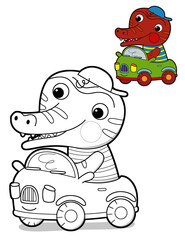 cartoon scene with happy funny dinosaur  dino lizard dragon kid having fun childhood  playing kindergarten  isolated background colorful illustration coloring page with preview