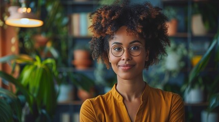 diverse leadership styles, a determined biracial female ceo delivering an inspiring speech to employees in a stylish office lounge with cozy seating and plant decor
