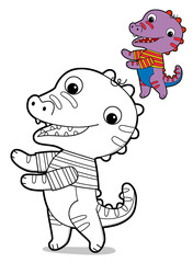 cartoon scene with happy funny dinosaur  dino lizard dragon kid having fun childhood  playing kindergarten  isolated background colorful illustration coloring page with preview