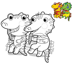 cartoon scene with happy funny dinosaur  dino lizard dragon kid having fun eating ice cream with friend childhood  playing kindergarten  isolated background colorful illustration coloring page