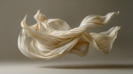   A white object with a long flowing fabric floats in the air against a light gray background