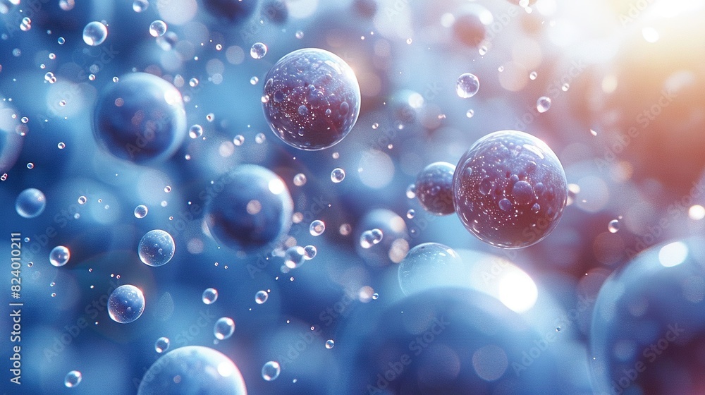 Poster a collection of spheres floating over a dark blue backdrop with an intense beam of light emanating f