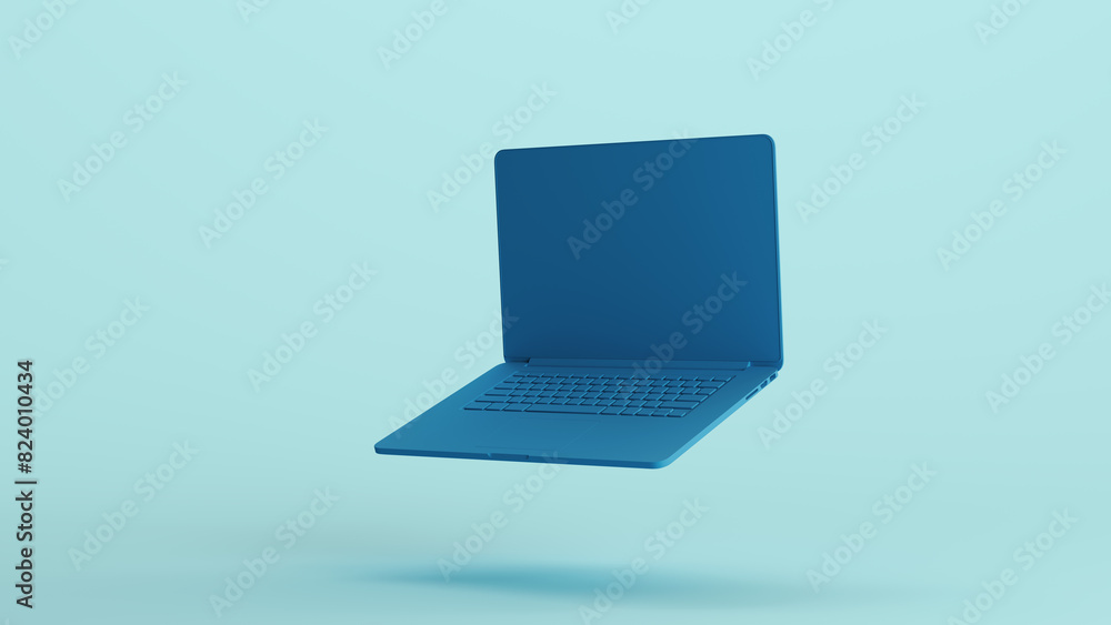 Poster blue mint laptop notebook computer internet keyboard office communication pale background 3d illustr