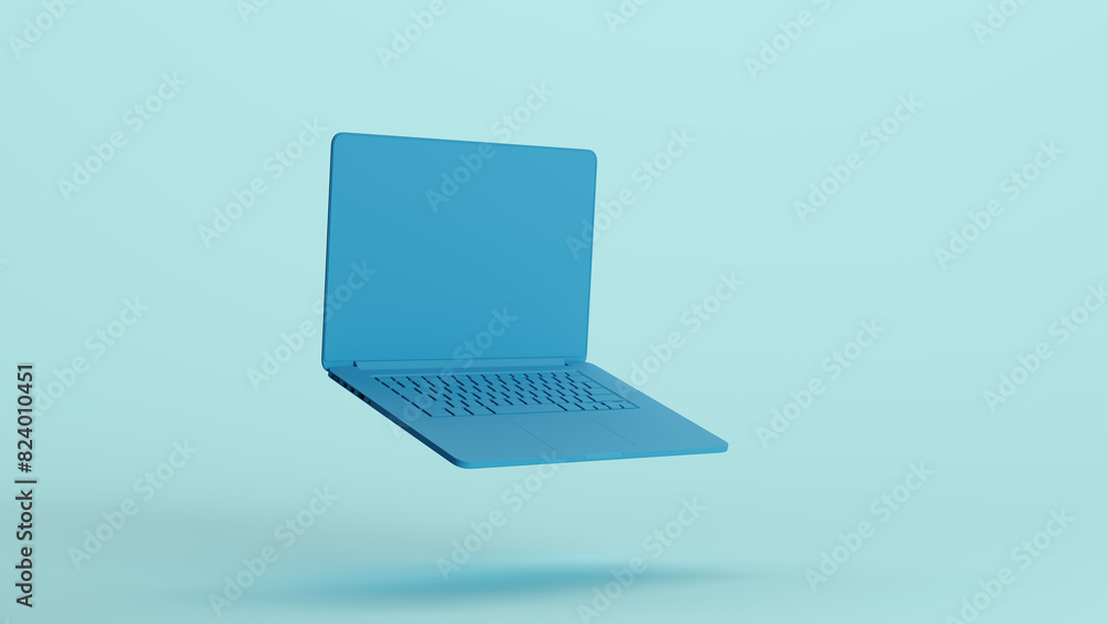 Poster blue mint laptop notebook computer internet keyboard office communication pale background 3d illustr