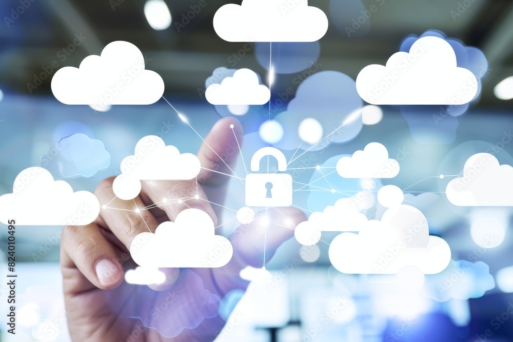 Poster hand interacting with a secure cloud network, emphasizing innovative digital protection and modern c