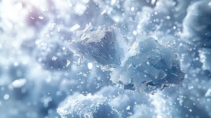   A cluster of ice floats atop a water body with droplets sprinkling its surface