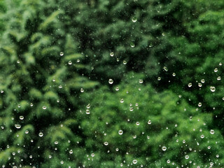 Tranquility After the Storm. Raindrops on Glass with a Green Blurry Background.