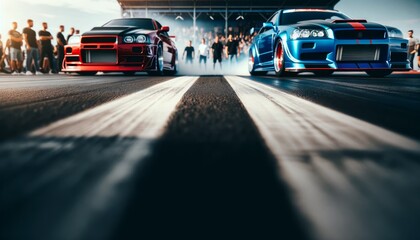 Two high-performance cars on a starting line, with a crowd in the background, gearing up for a high-stakes street race