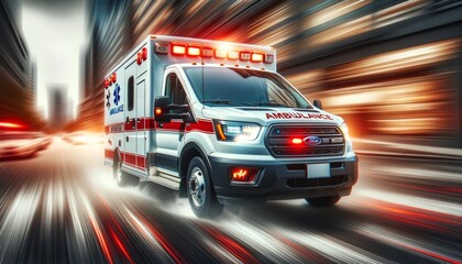 ambulance speeding through a city street with lights flashing, illustrating urgency and rapid response in a medical emergency