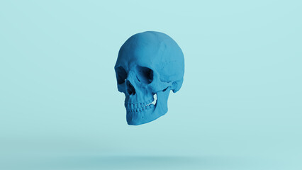 Blue human skull soft tones anatomical cranium Halloween horror background quarter left view 3d illustration render digital rendering	