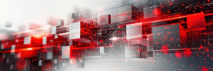 Obraz premium A futuristic red and white tech background with glowing digital elements, featuring abstract geometric shapes and a blurred cityscape with a motion effect