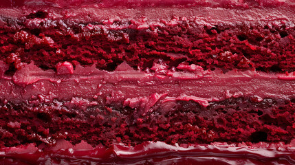 a red and white cake is covered in red frosting.