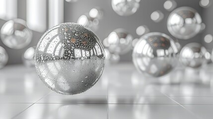  A cluster of polished spheres resting atop a white tiles floor adjacent to a reflective ball wall