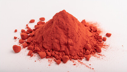 Heap of bright red powder isolated on white background. Make up eye shadow, cosmetic product.