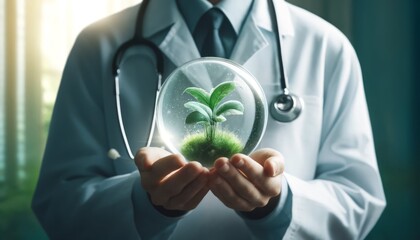 Doctor Holding Plant in Glass Sphere